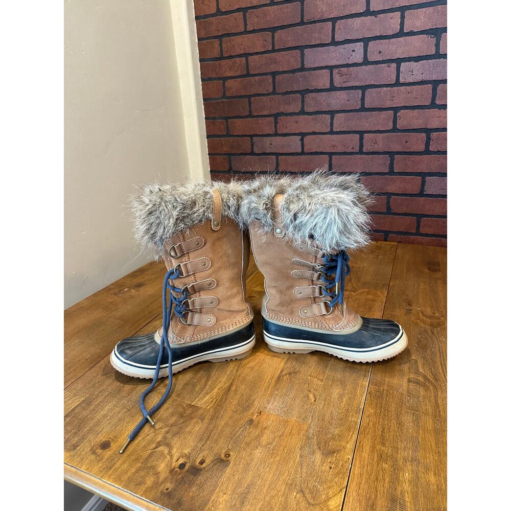 Sorel Leather Joan of Arc Winter Boots, Size 7.5 Brown Tan Macy Blue Liner - Picture 2 of 9